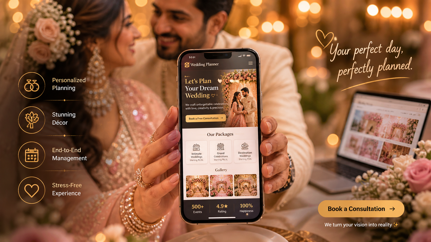 Couple browsing the Ananya Weddings app on a phone — 'Let's Plan Your Dream Wedding' homepage with package cards, gallery preview, 500+ events / 4.9 rating / 100% happiness stat strip, candle-lit close-up