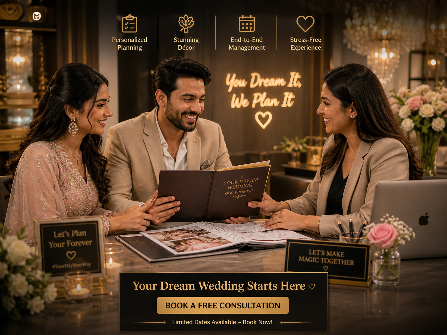 Couple sat across a candle-lit consultation desk with Ananya Sharma flipping through a leather wedding-portfolio book, neon 'You Dream It, We Plan It' on wall behind, 'Limited Dates Available — Book Now' CTA card on the desk