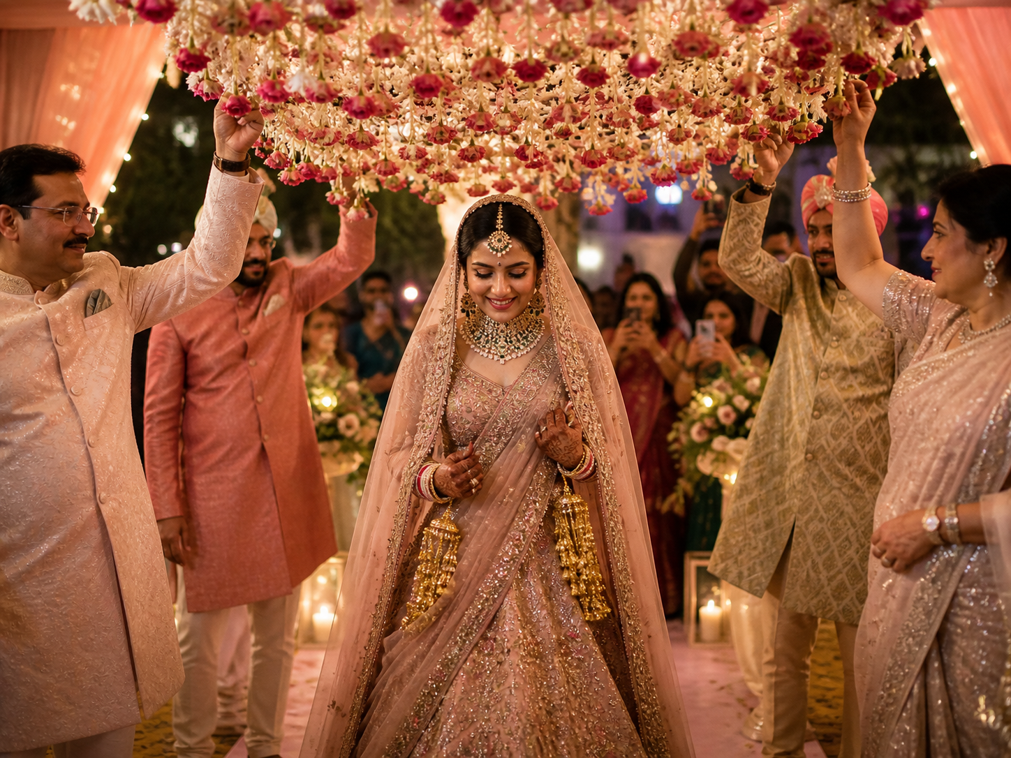 Bride in soft-pink lehenga walking under a phulon-ki-chaadar of red and pink roses with gold tassels, lifted by family on either side, candle-lit aisle, evening reception