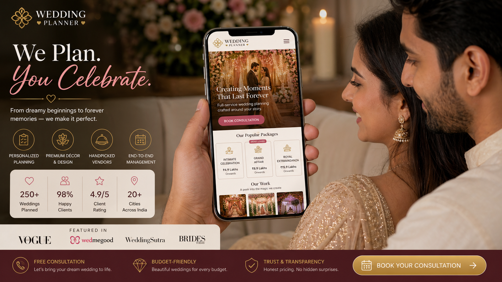 Ananya Weddings — couple looking at the planner's app on a phone, candle-lit floral mandap and chandelier behind, 'We Plan. You Celebrate.' wordmark, press logos for Vogue, WedMeGood, WeddingSutra, BRIDES