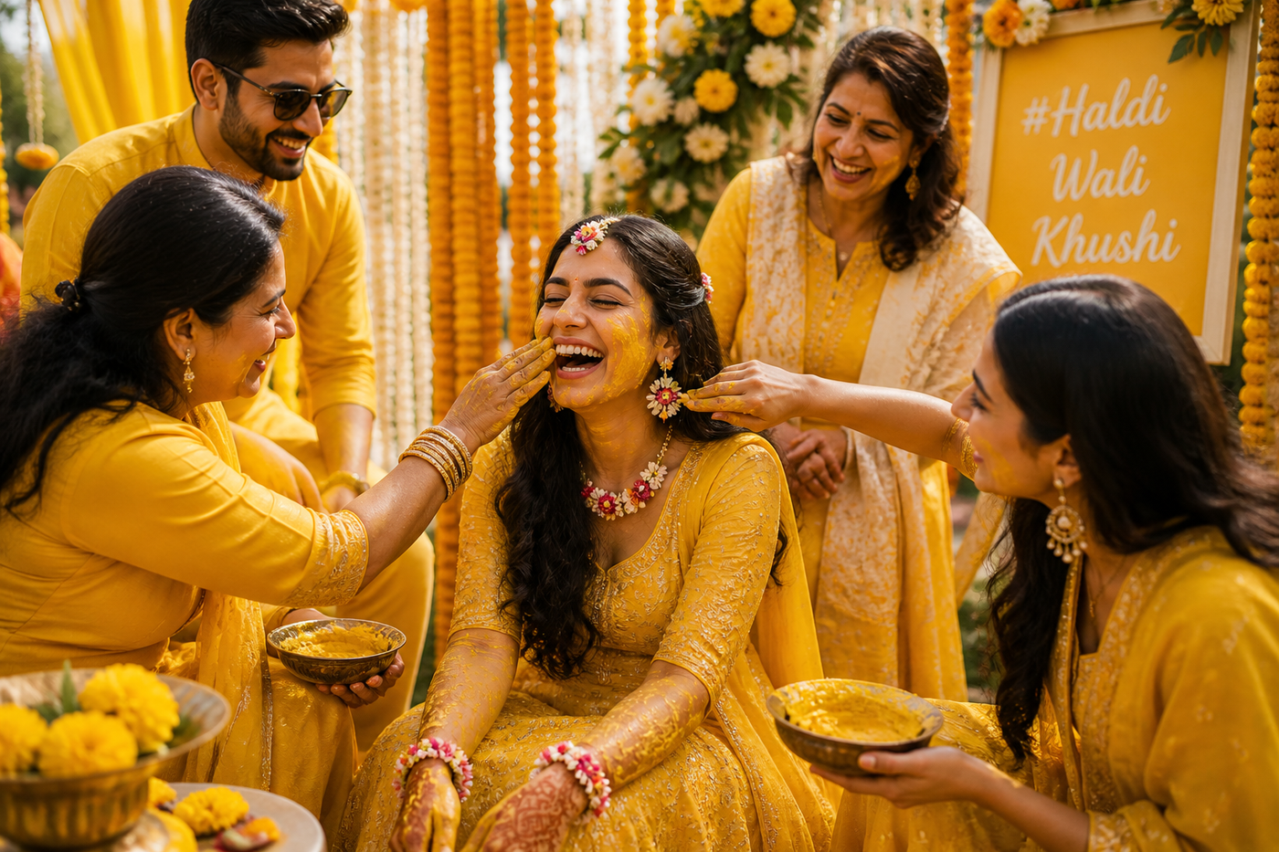 Bride mid-haldi-ceremony, laughing in a yellow lehenga with flower jewellery, friends and family applying haldi paste, marigold canopy + #HaldiWaliKhushi sign behind, joyful pre-wedding moment