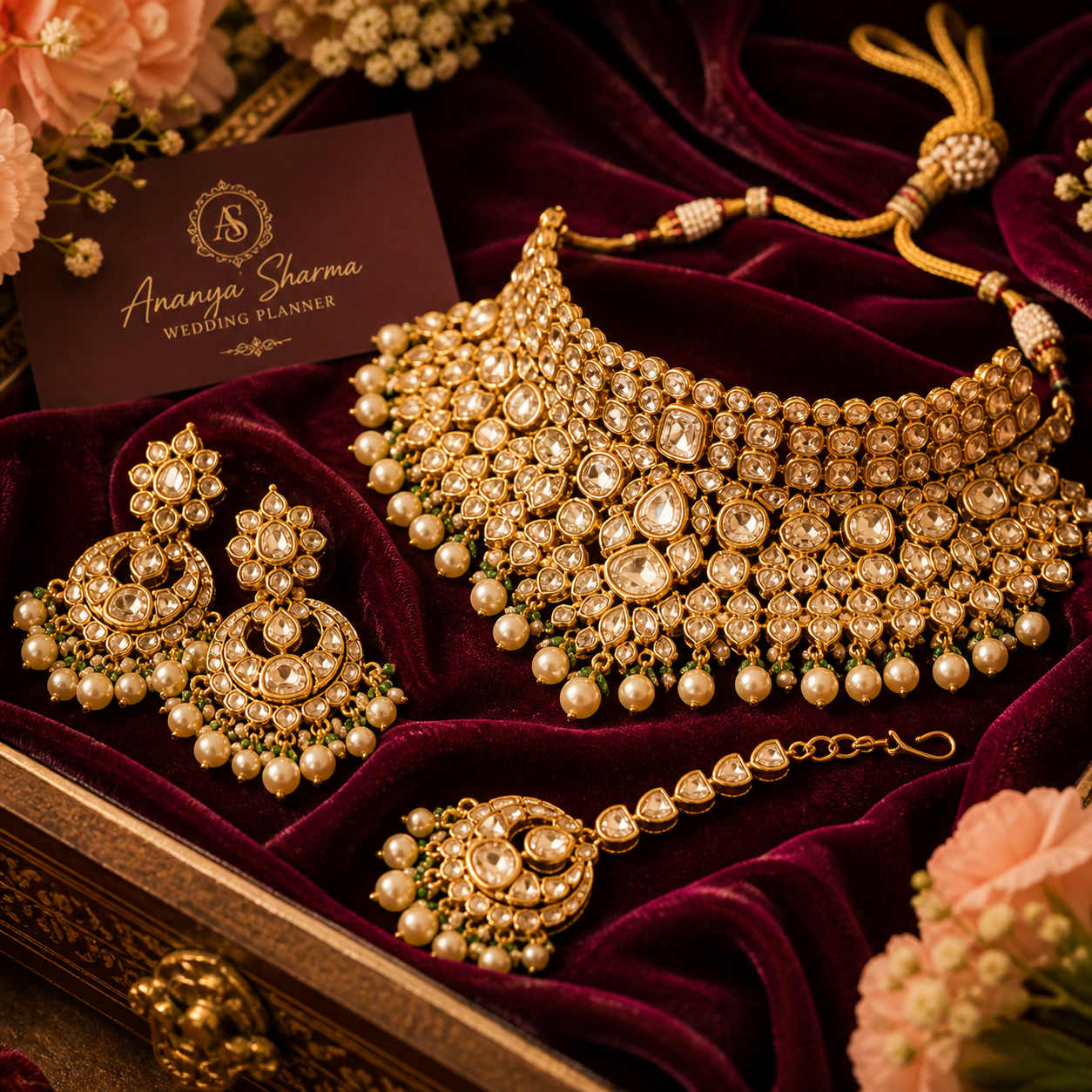 Kundan-polki necklace and earring set with pearl tassels and ruby-emerald accents on burgundy velvet, with an Ananya Sharma · Wedding Planner business card laid alongside, soft pink rose and gypsophila garnish